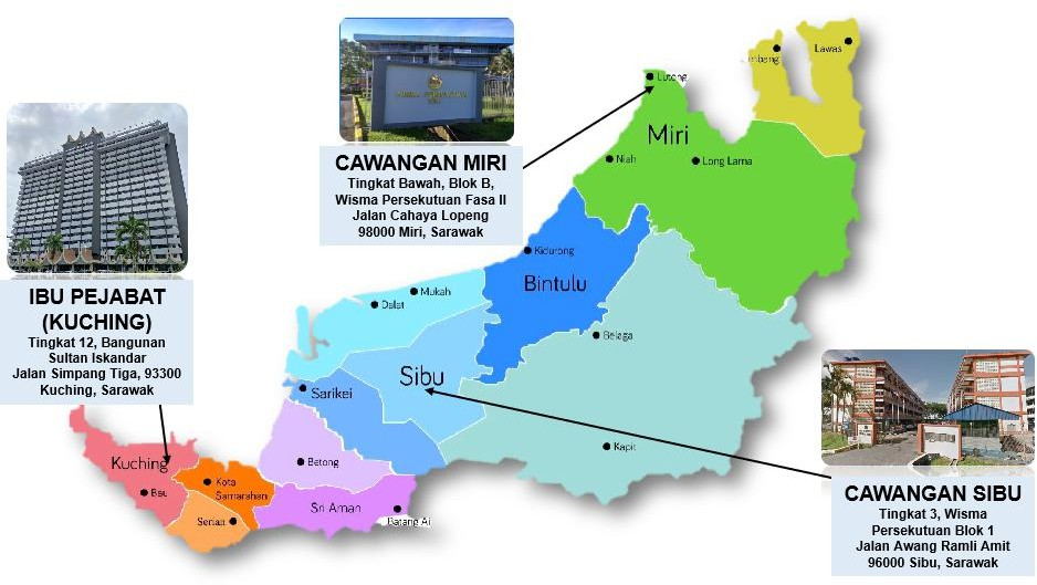 Peta Sarawak dengan ibu pejabat di Kuching dan cawangan di Sibu serta Miri
